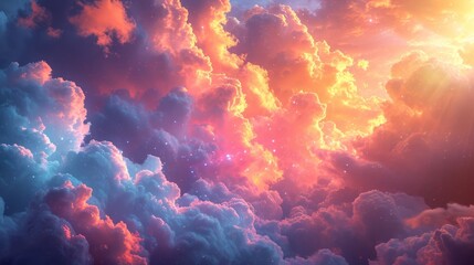 Vivid cosmic clouds with radiant rainbow colors. Ethereal skyscape blending sunlight and starlight. Concept of celestial cloudscape, cosmic beauty, celestial drama, harmony of opposites