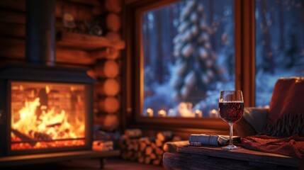 Fototapeta na wymiar Glass of wine in a cozy winter cabin generative ai