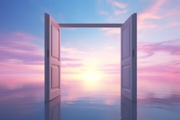 Open door leading out to a serene ocean at dusk. Concept of calmness, dreams, relaxation, freedom, adventure, journey, new beginnings, the unknown, mystery, exploration, and limitless possibilities.