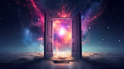 Open doorway to a cosmic landscape, blending fantasy and reality. Concept of imagination, discovery, the unknown, freedom, adventure, mystery, and limitless possibilities. - obrazy, fototapety, plakaty
