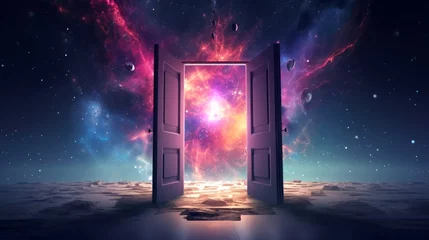 Fotobehang Open doorway to a cosmic landscape, blending fantasy and reality. Concept of imagination, discovery, the unknown, freedom, adventure, mystery, and limitless possibilities. © Jafree