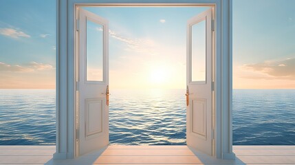 Open door to beautiful serene ocean. Concept of calmness, dreams, relaxation, freedom, adventure, journey, new beginnings, the unknown, mystery, exploration, and limitless possibilities.