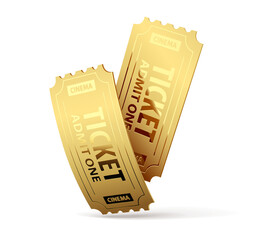 Two Gold cinema tickets for retro movie theater. Isolated. Cinematography icon. PNG Illustration.