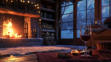 Obraz na płótnie Canvas Glass of wine in a cozy winter cabin generative ai