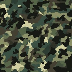 Fototapeta premium Seamless camouflage pattern in shades of green. Khaki colors. Camo print for textile design. Concept of military, army uniform, hunting gear, woodland environment, survival, stealth, nature blending