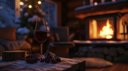 Glass of wine in a cozy winter cabin generative ai