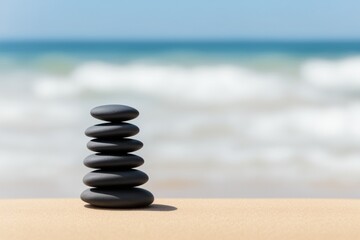 Fototapeta na wymiar stack of balanced stones on a beach, defocused ocean background for copyspace