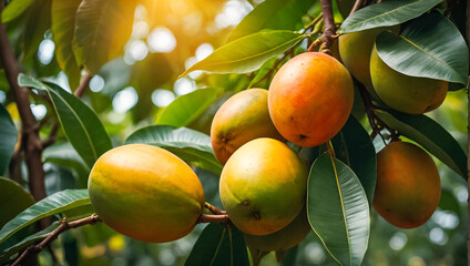 ripe mangoes on a branch in the garden