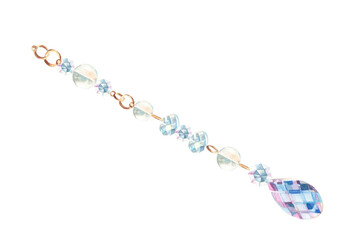 Jewelry thread or string with crystals, beads, gold rings and drop suncatcher isolated on white background. Hand drawn watercolor illustration. Design element for decoration, dream catcher, cards and