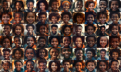 collage of black young girls and boys smiling, collage of portrait, grid of 60 cheerful faces,  group photo