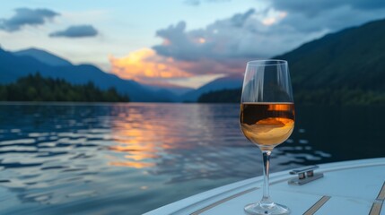Glass of wine on the deck of a boat with a serene lake in the background, generative ai