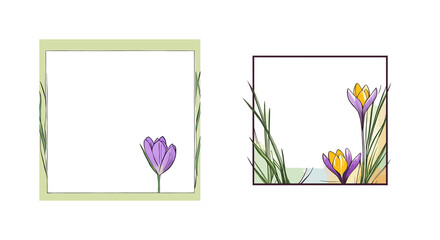 
Stylish minimalist designer frame with yellow and purple blooming crocuses, executed in a vector style, on a white background, with empty space for your text.