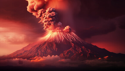 Sunset sky erupting with fiery mountain peak, nature destructive beauty generated by AI