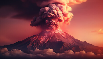 Mountain peak erupting, smoke and fire destroy natural beauty generated by AI