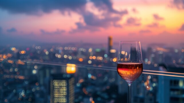 Glass of wine on a rooftop bar with a panoramic cityscape generative ai