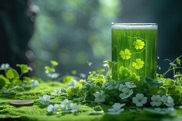 Green beer, gold coins and clover, symbols of St. Patrick's Day celebration. Generative AI.