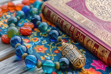A close-up image of colorful prayer beads, Quran and dates.