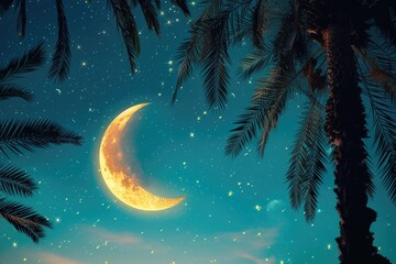 Fototapeta na wymiar A glowing crescent moon, stars and date palms representing Ramadan nights.