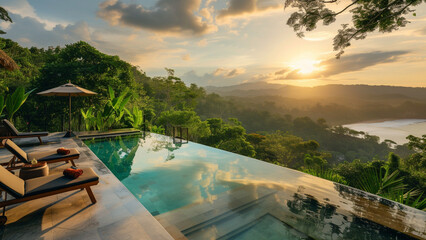Obraz premium Bed pool with mountain and sunset
