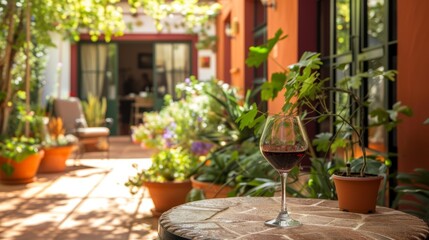 Glass of wine on a sun-drenched patio, surrounded by potted plants generative ai