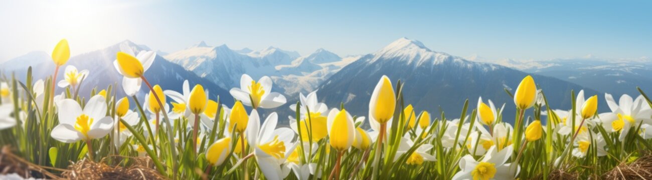 Wild narcissus flowers with snow-capped mountains at the background. Spring time. Panoramic view. AI Generated 
