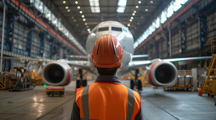 A man stands in front of a stationary airplane in a hangar, inspecting the aircraft - obrazy, fototapety, plakaty