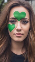 Beautiful young woman with green heart-shaped designs on her face