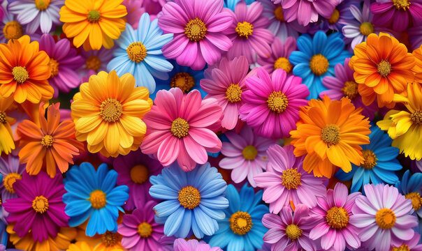 colorful daisy flowers in full bloom creating a lively floral pattern