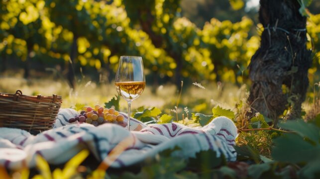 Wine glass on a vineyard picnic blanket, generative ai