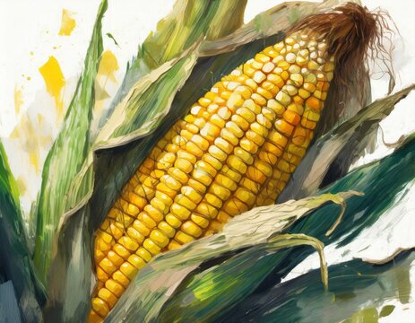Corn on the cob in green husk, watercolor painting 