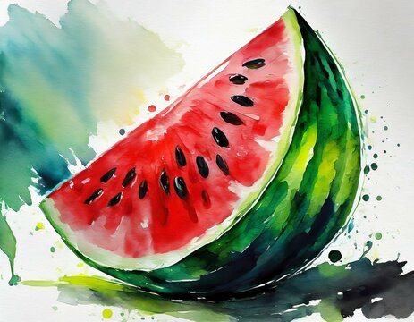 Watermelon slice, red and green with black seeds, watercolor painting 