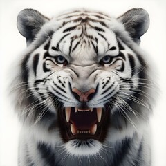 Portrait of a tiger facing the front of the camera, growling, direct eye contact, animal world, surrealism, sharp contrast, 8k photorealism. Generative AI