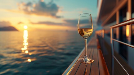 Obraz premium Wine glass on a yacht deck during a golden hour cruise, generative ai