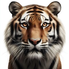 Fototapeta premium Portrait of a tiger facing the front of the camera, growling, direct eye contact, animal world, surrealism, sharp contrast, 8k photorealism. Generative AI