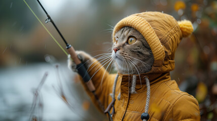 A medium-sized cat with whiskers and claws wears a hat and jacket and holds a fishing rod. A fawn-colored land animal is depicted in close-up fishing - obrazy, fototapety, plakaty
