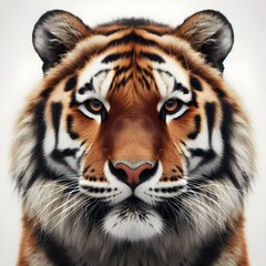Fototapeta premium Portrait of a tiger facing the front of the camera, growling, direct eye contact, animal world, surrealism, sharp contrast, 8k photorealism. Generative AI