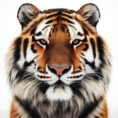 Fototapeta premium Portrait of a tiger facing the front of the camera, growling, direct eye contact, animal world, surrealism, sharp contrast, 8k photorealism. Generative AI