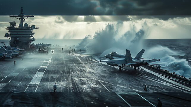 A dramatic scene depicting fighter planes taking off from a carrier ship, positioned in the vast expanse of the ocean