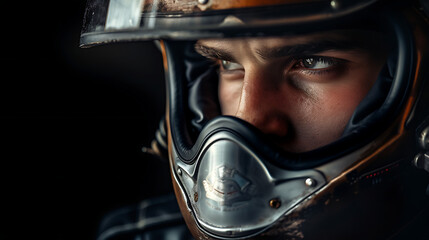 Fototapeta premium A captivating portrait of a pilot wearing a helmet, adorned with the insignia of their squadron, their eyes focused and determined