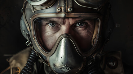 A captivating portrait of a pilot wearing a helmet, adorned with the insignia of their squadron, their eyes focused and determined - obrazy, fototapety, plakaty