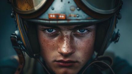 A captivating portrait of a pilot wearing a helmet, adorned with the insignia of their squadron, their eyes focused and determined - obrazy, fototapety, plakaty