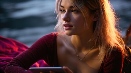 A woman in a red sweater looking at something on her tablet, AI