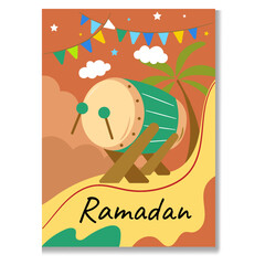Beduk Ramadan with Flat Design of Ramadan and Eid Al Fitr Greeting Card