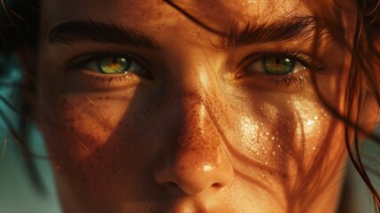 close-up, beautiful and strong woman, showing femininity and power in her gaze, generative ai