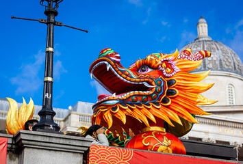 Dragon dance during Chinese lunar year celebrations in London, England