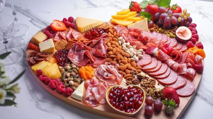 A heart-shaped wooden board filled with various foods, meat, cheeses, fruit. Decoration for a...