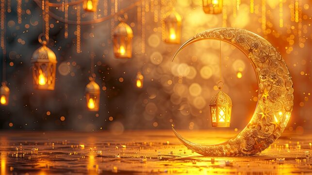 gold and yellow color islamic concept Ramadan and Eid al-Fitr 3d image, golden half moon with date and lantern lights new decoration Eid al-Fitr image - generative ai