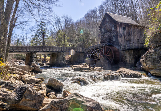 Glade Creek Grist Mill and Waterfall in West Virgina During a Sunny Spring Day