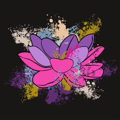 Lotus flower t-shirt design in pink tones on a black background. Illustration good for Buddhism and Hindu culture.