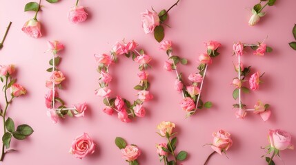 The word LOVE is made up of many pink rose flowers on a pink background